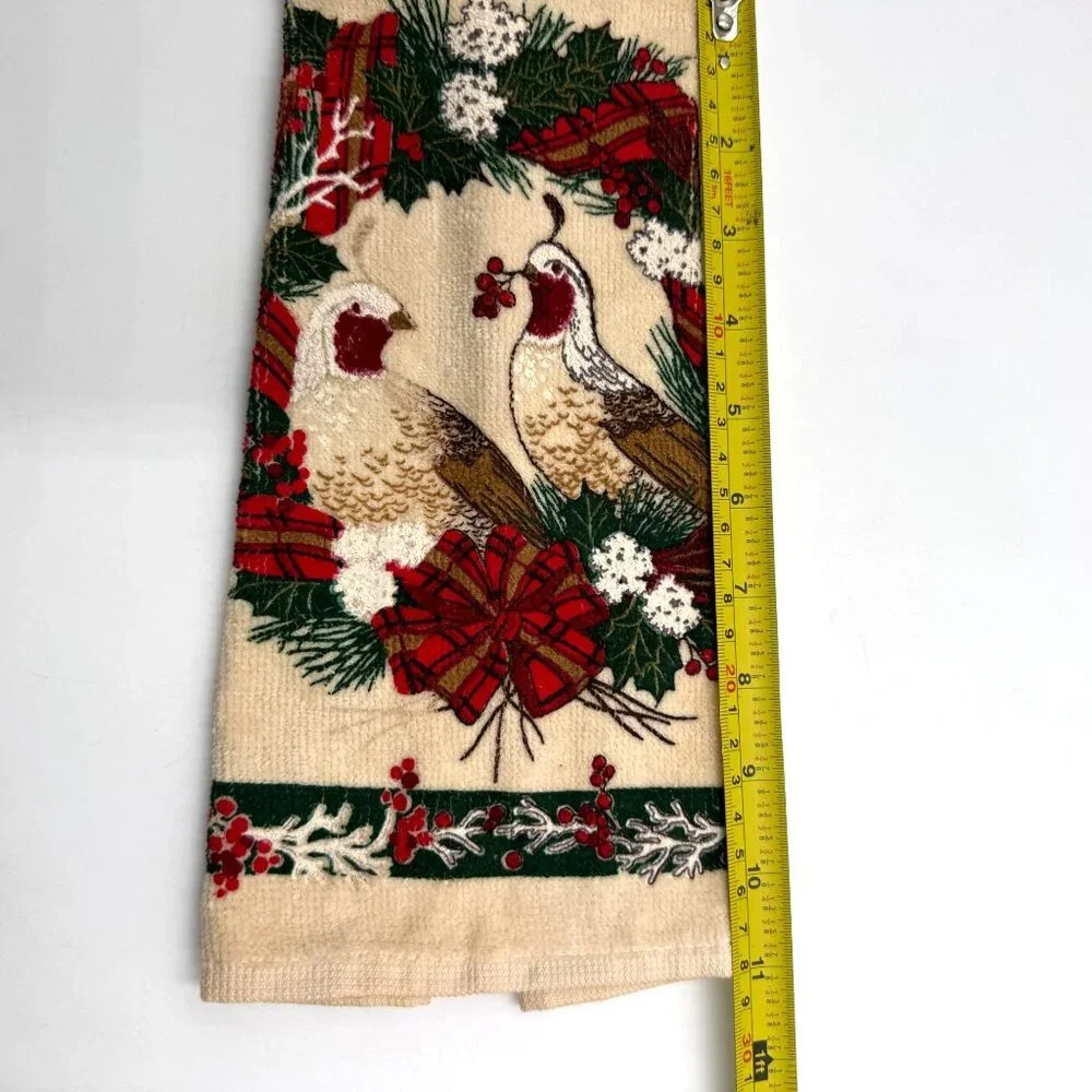 Vtg Cecil Saydah Christmas Partridge Kitchen Towels W/ Red Plaid Trim Set Of 2 - Picture 3 of 12